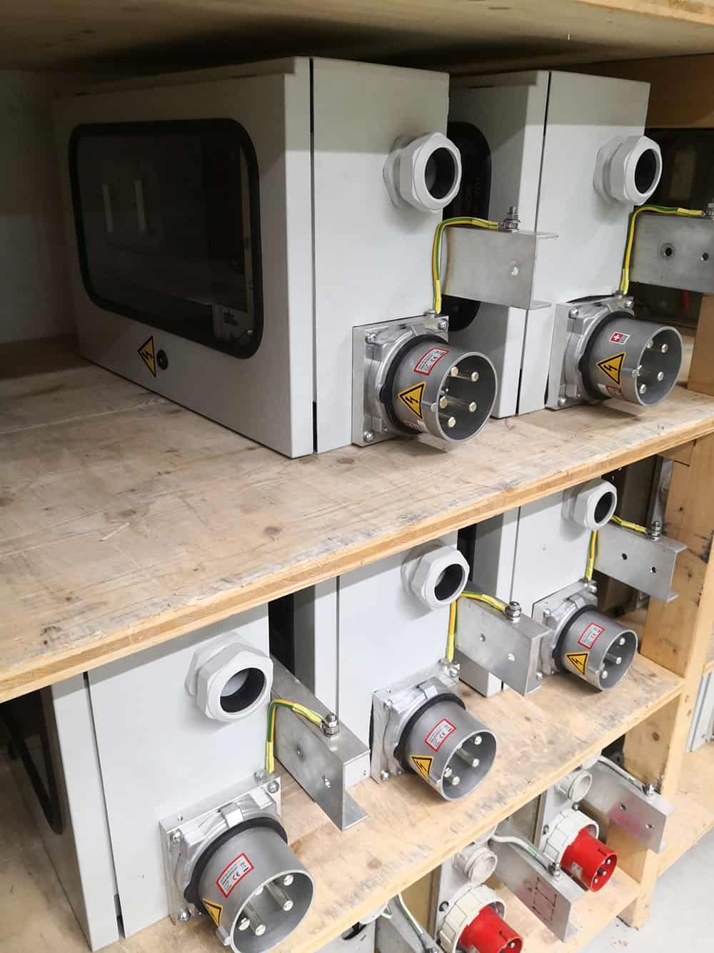 Industrial electrical connectors on construction distribution cabinet