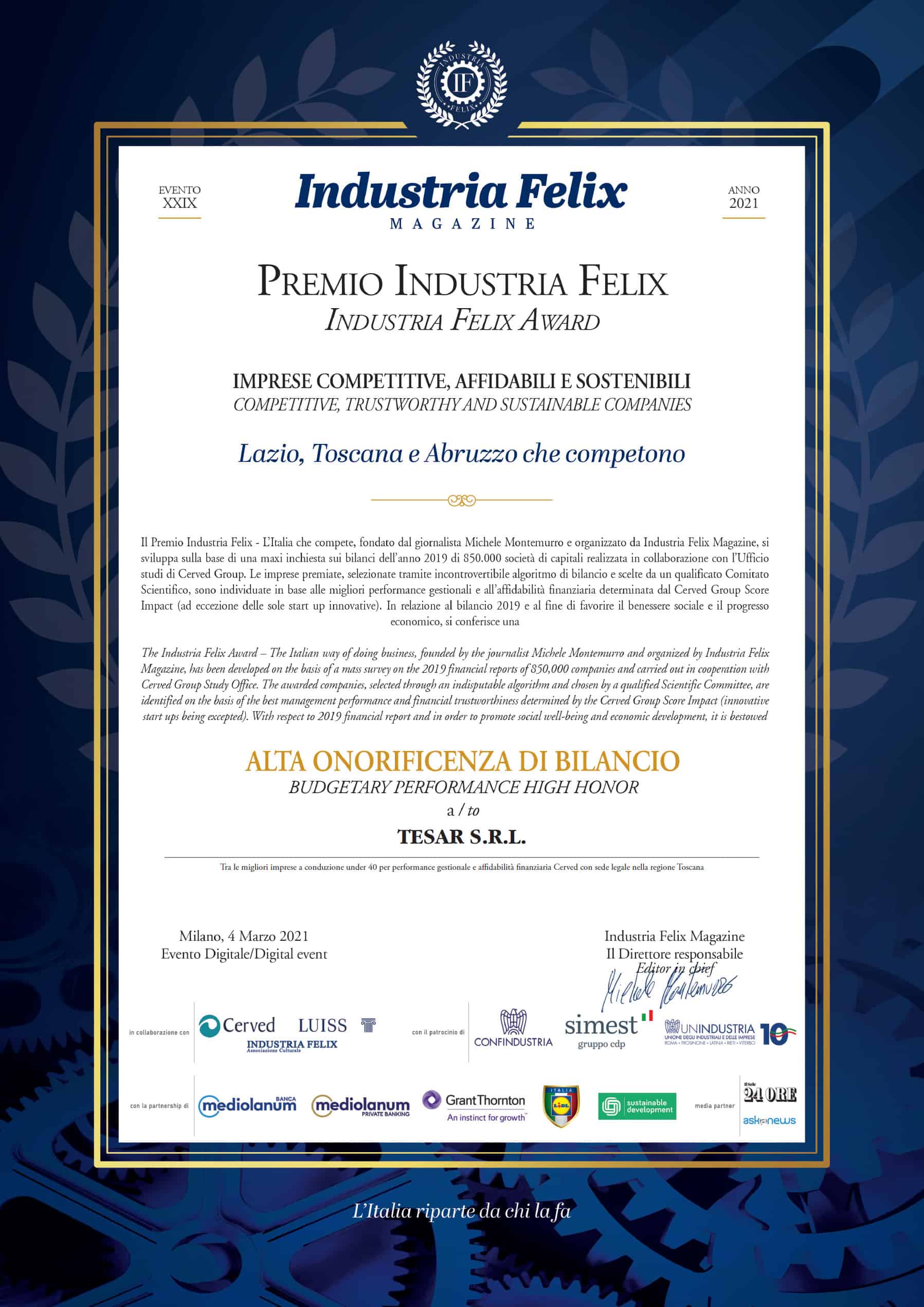 Industria Felix Award - certificate