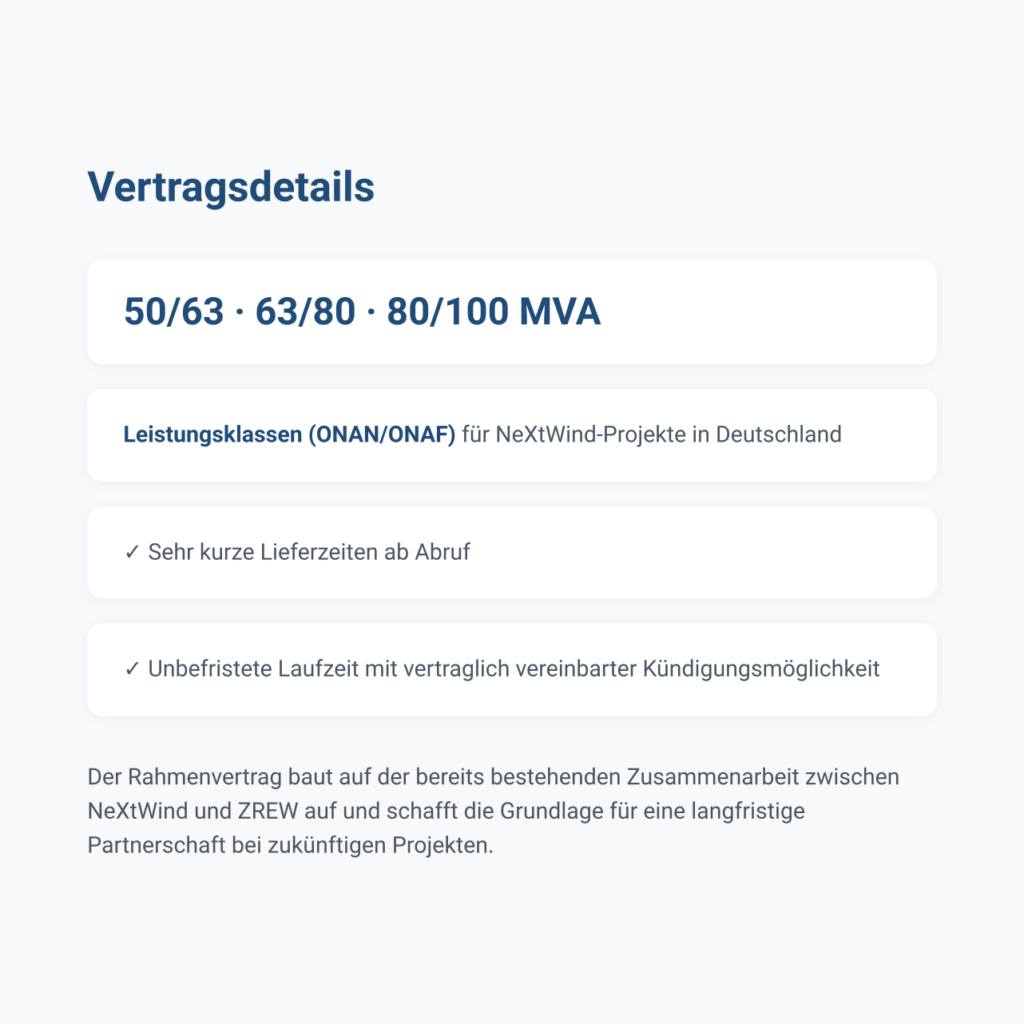 Vertragsdetails: 50/63, 63/80 und 80/100 MVA, kurze Lieferzeiten, unbefristete Laufzeit
