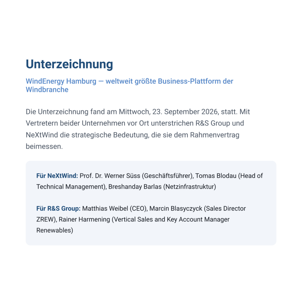 Unterzeichnung am 23. September 2026 an der WindEnergy Hamburg mit den Vertretern beider Unternehmen